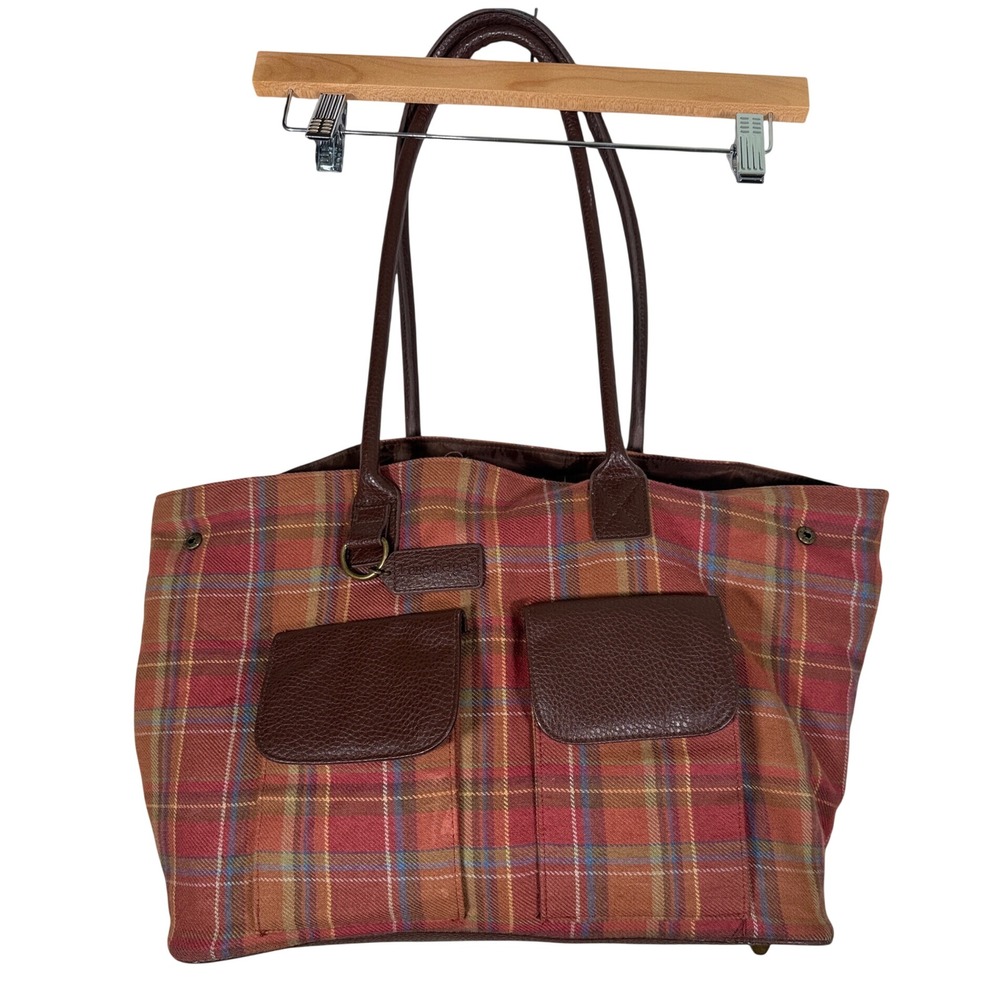 Longaberger Plaid Tote Bag Double Handles Snap Close Vintage Plaid Footed